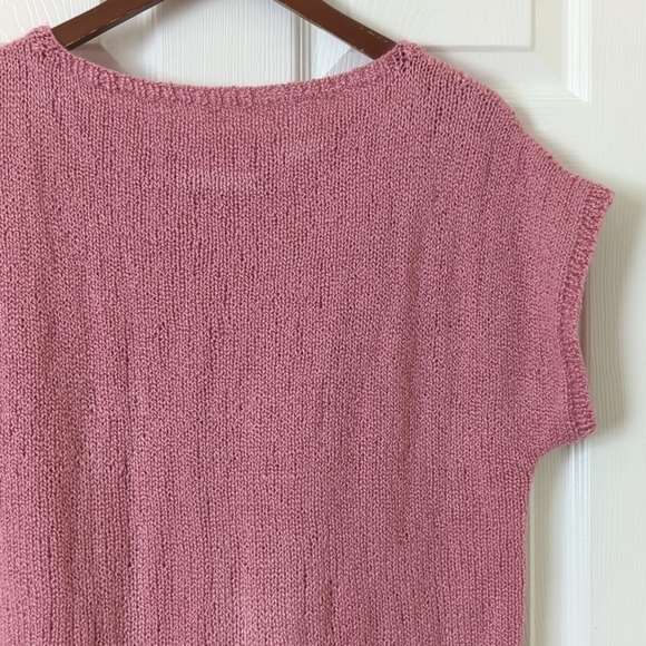 90's Vintage Palm Tree Jacquard Knit Boxy Boat Neck Short Sleeve Sweater Mauve M - Picture 9 of 9